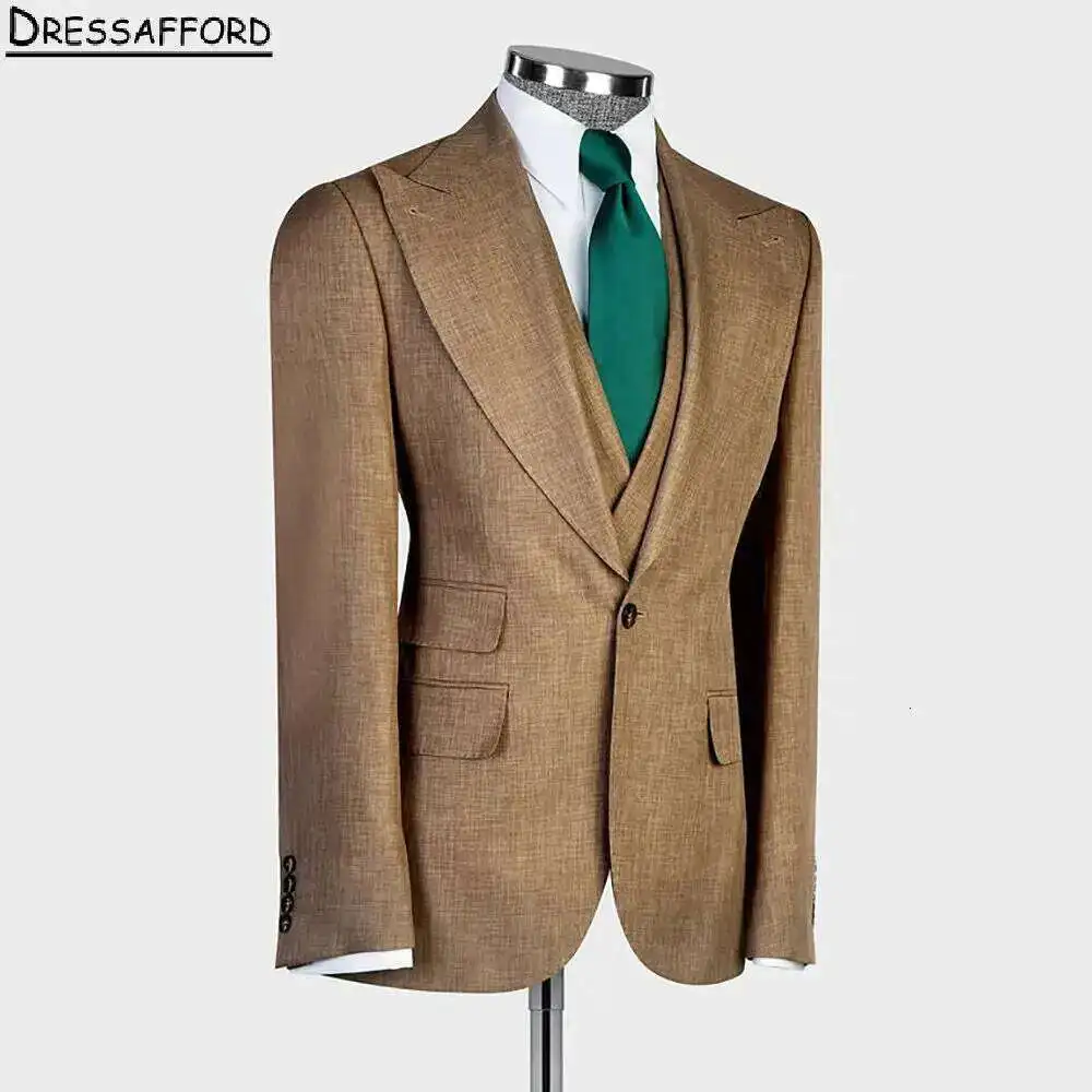 Khaki Men Suits For Wedding Groom Tuxedos 3 Pieces Jacket+Vest+Pants Prom Blazers Customized