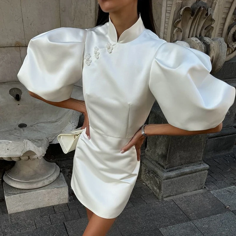 

Tornova Retro Puff Sleeve Mini Dress For Women Stand Collar Elegant Satin Dress High Waist White Bodycon Party Commute Clothes