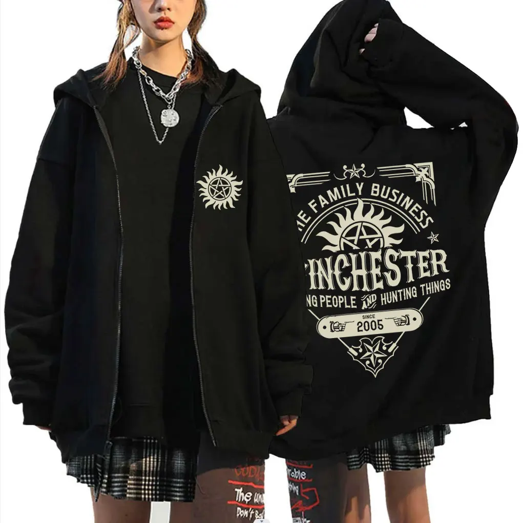 

TV Series Supernatural Zipper Hoodie Men Women Clothing Gothic Retro Oversized Zip Up Jacket Fleece Cosplay Zip Up Sweatshirt