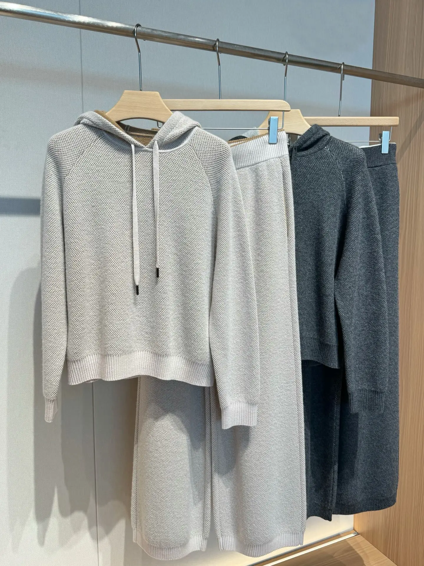 Autumn/Winter New Color Block Hooded Drawstring Sweatshirt, Cashmere & Wool Knitted Pullover Sweater + Trousers Set For Women
