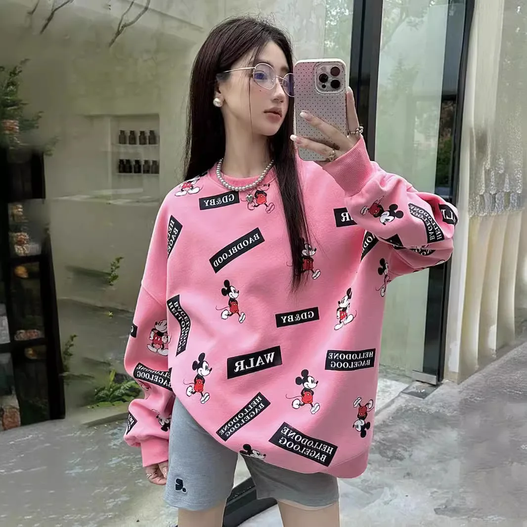 Trendy Fashion Full Printed Cartoon Mid-Length Loose Round Neck Sweatshirt Women 2024 Autumn New Oversized Casual Top Female