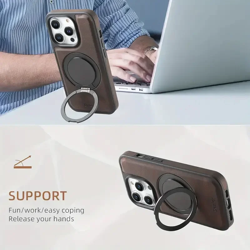360° Rotate Magnetic Ring Stand Holder Phone Case for iPhone 17 Air 16 15 14 13 12 Pro Max Shockproof PU Leather Mag-safe Cover