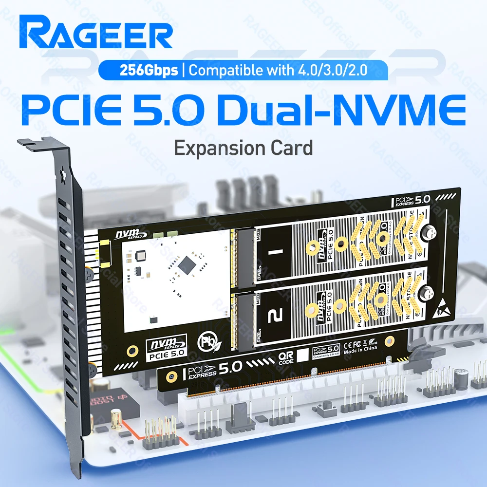 RAGEER PCIe 5.0 إلى Dual M.2 NVMe X16/X8 محول تمديد بطاقة الناهض 256Gbps فتحة للبطاقات لـ 2280/60/42/30 SSDs دعم RAID الناعم
