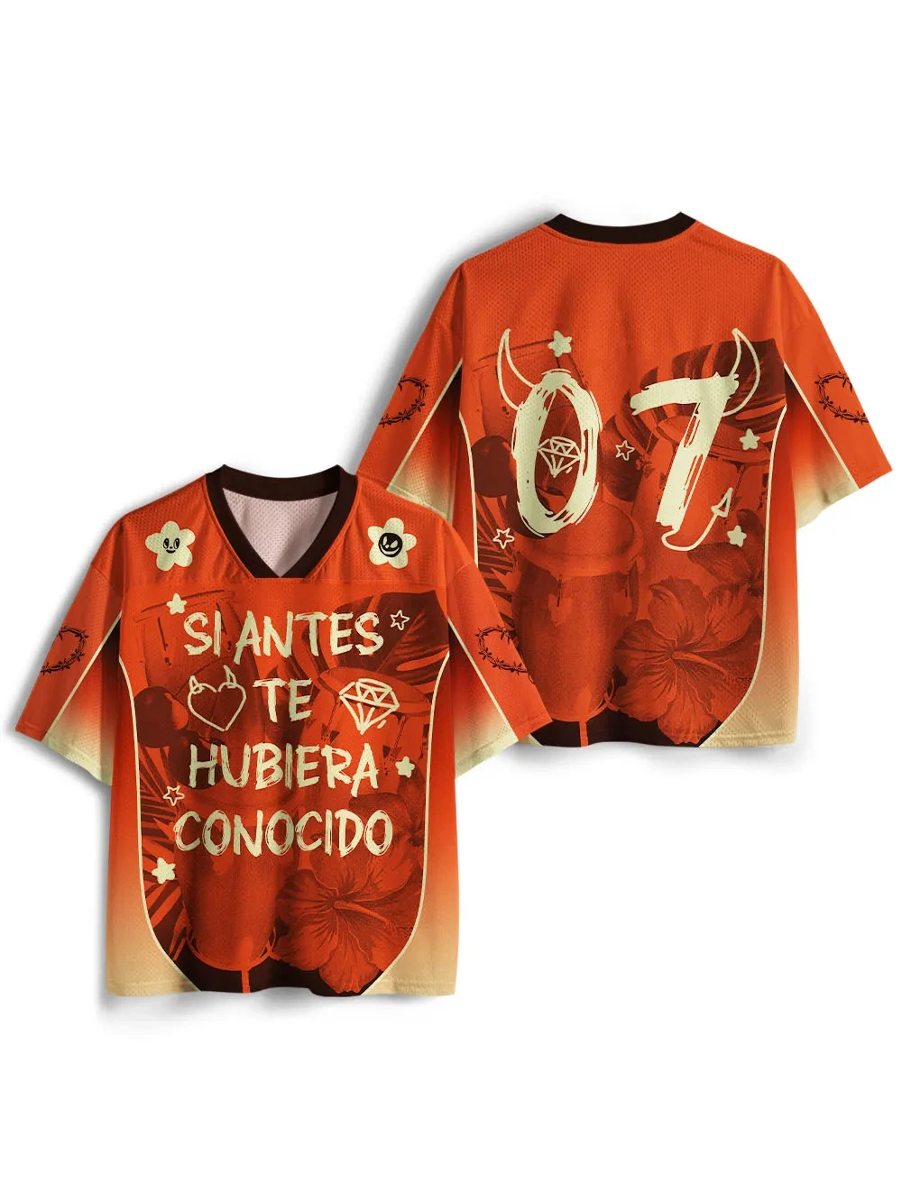 Trending Y2K Street Jersey V‑Neck Mesh Tropical Floral Latino Graffiti Motif 07 Graphic Short Sleeve Tee