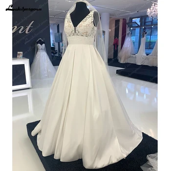 Yanshmigown-Robe de mariée en satin pour patients civils, robes de mariée vintage, appliques en dentelle à col en V, robe personnalisée, 2025