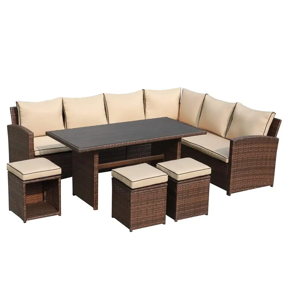 

7 Pieces Patio Furniture Set, Outdoor Patio Dining Sofa Set W/Cushion, Table & Ottoman, All Weather Outdoor Patio Furniture Set