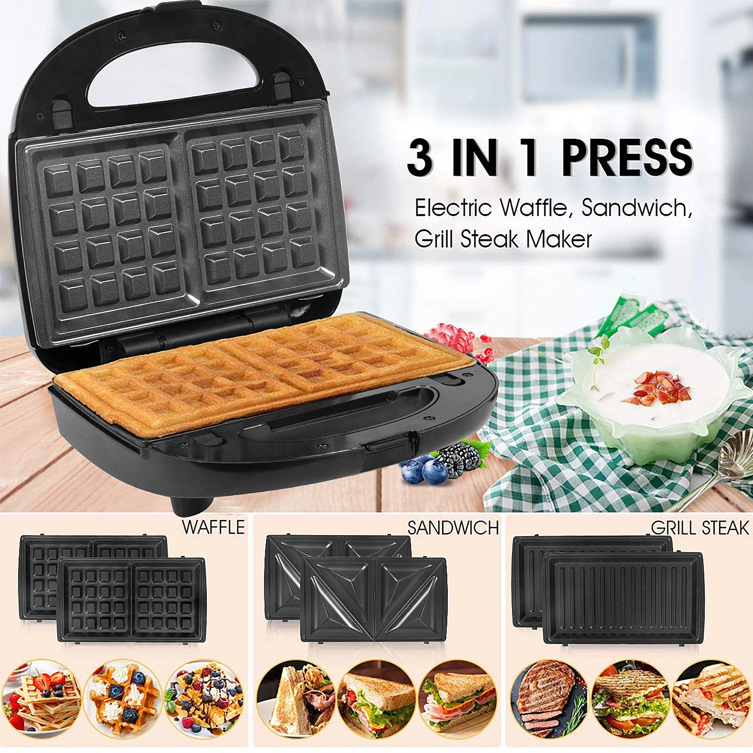 Multifunktionsgerät 3-in-1 750W [Sandwichmaker, Waffeleisen, Kontaktgrill] spülmaschinengeeignete & antihaftbeschichtete Platten