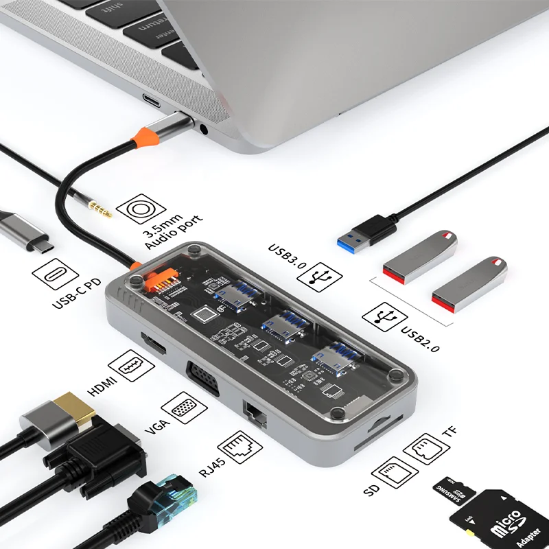 محطة قاعدة Basix 10 في 1 USB C HUB 4K30 هرتز من النوع C إلى HDMI متوافقة مع RJ45 Ethernet PD100W لهاتف MacBook iPad Huawei Sumsang