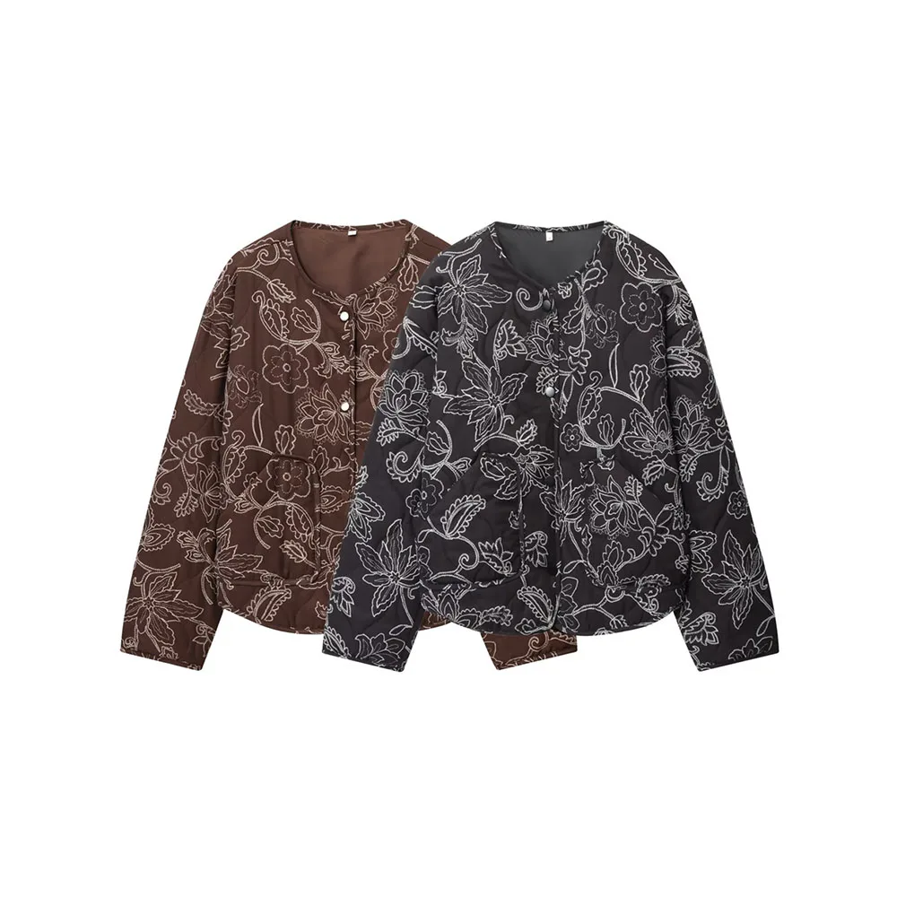 

Autumn new women's retro style round neck long sleeved printed cotton coated jacket jacket