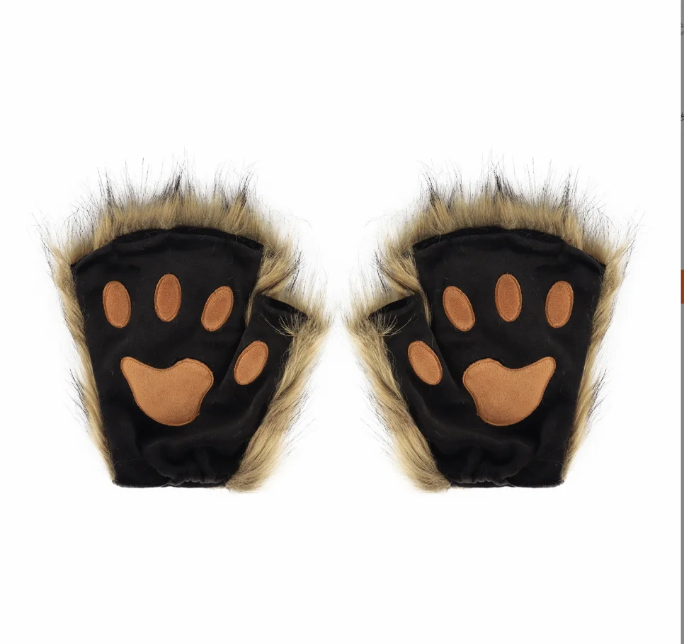 Wolf Paw Gloves Faux Fur Cat Fingerless Mittens Winter Warm Cosplay Halloween Fancy Party Costume Accessories