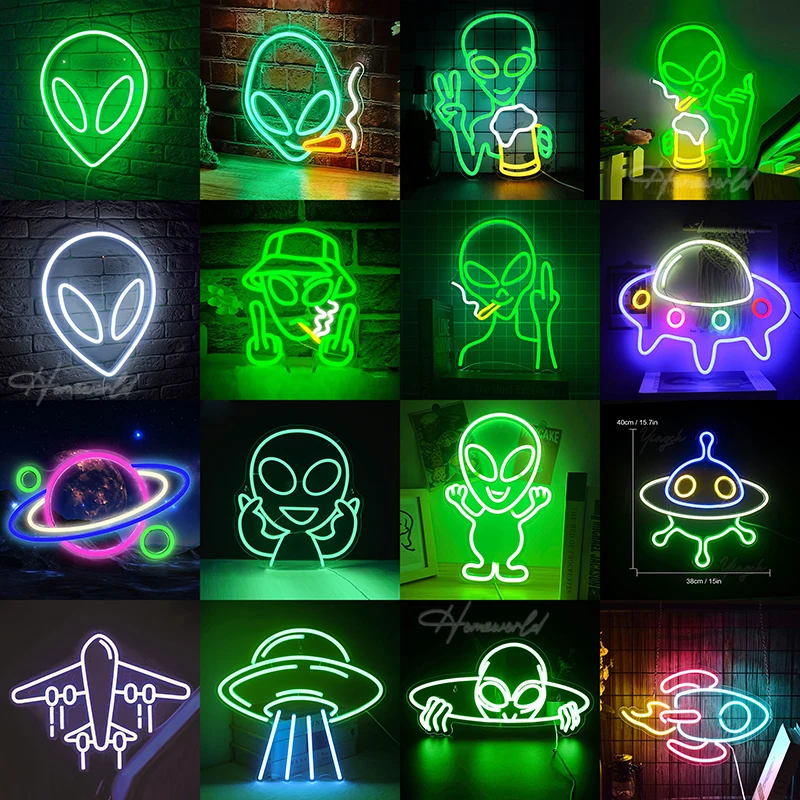 

LED Alien Neon Signs Aircraft UFO Decoration Lamp with Dimmer Wall Art Decor Night Light Game Room Shop Store Bar Party Gift