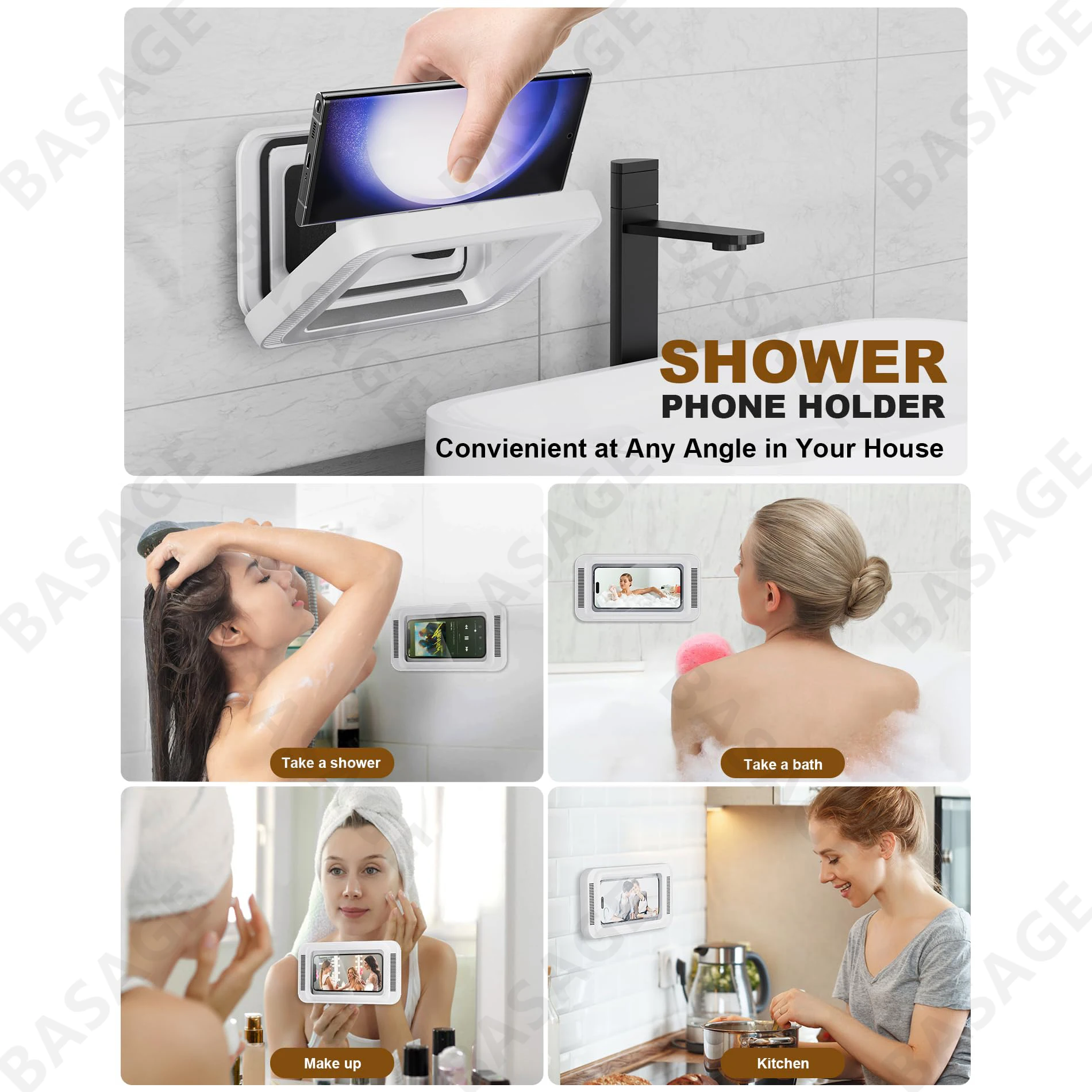 Shower Phone Holder with Speaker - 480° Rotation, Wall Phone Mount for Shower, Waterproof Anti Fog Shower Case for 4-7\