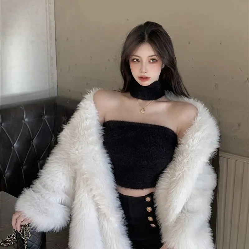 Sexy Knitted Faux Fur Halter Neck Tank Top Women Backless Off shoulder Club Party T shirt Korean Fashion Crop Top