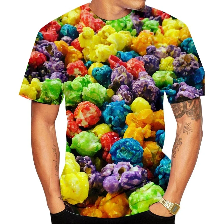 Men\'s Fashionable Gourmet Popcorn Print T-Shirt Trendy Digital round Neck Short Sleeve Casual Top