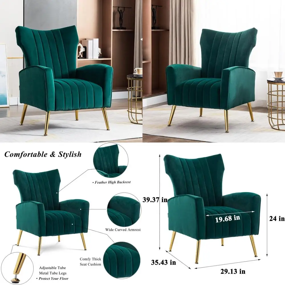 

Curved Velvet Tufted Accent Chair with Gold Metal Legs for Modern Living Room and Bedroom Lounge