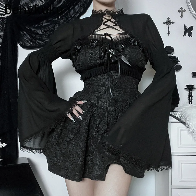 Flare Sleeve Gothic Cropped Tops Grunge Chiffon Female Black Emo Alternative Party Cover Up Goth Punk Lace Up Mall Bolero Shrug