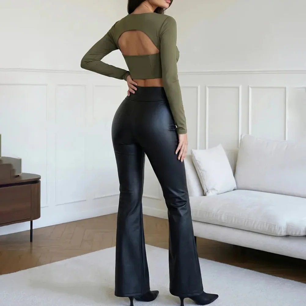 High Waist Iny PU Leather Pants Women's Faion Fall Winter Wide Leg Pants Bright Cross-Border Bla Ladies Trousers