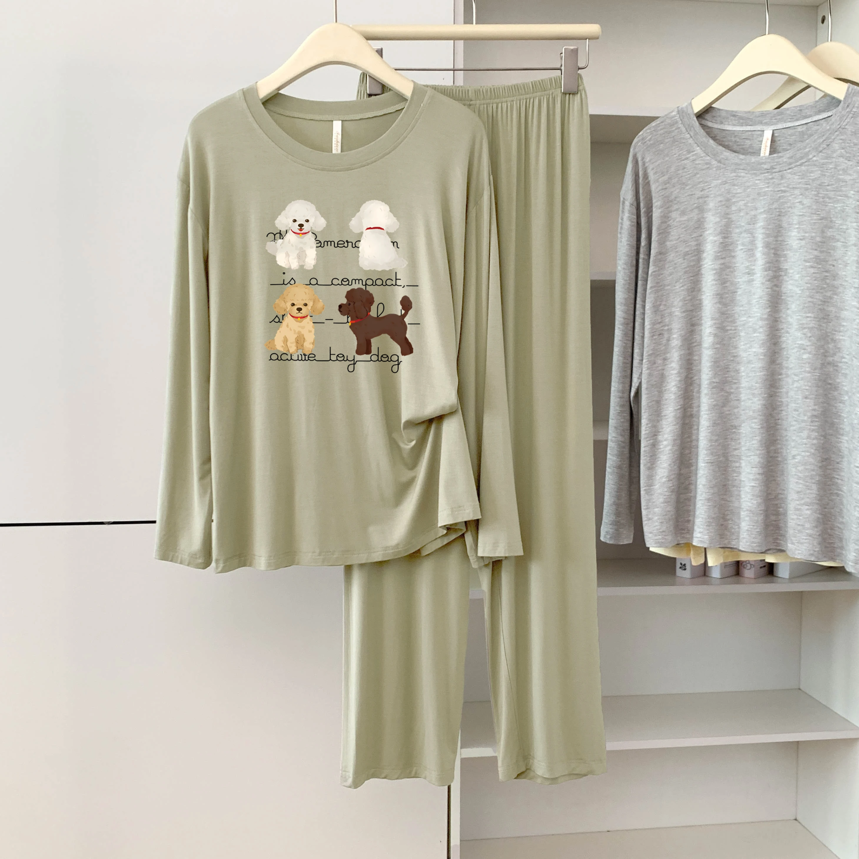 5183-03 بيجامة مشروط للنساء، طراز جديد للربيع والخريف، كاجوال، بسيط، لون خالص، رقبة دائرية، أكمام طويلة، مريح