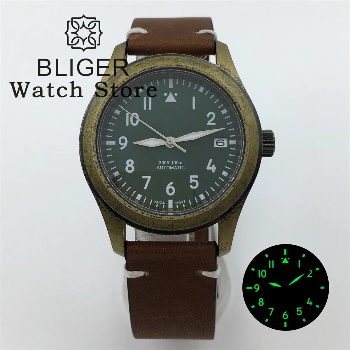 

BLIGER 36mm 39mm Bronze Dome Sapphire Glass Diver Brushed Pilot Watch For Men Ladies NH35A PT5000 Sapphire Glass Leather Luminou