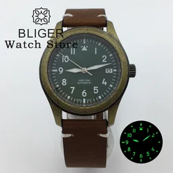 BLIGER 36mm 39mm Bronze Dome Sapphire Glass Diver Brushed Pilot Watch For Men Ladies NH35A PT5000 Sapphire Glass Leather Luminou