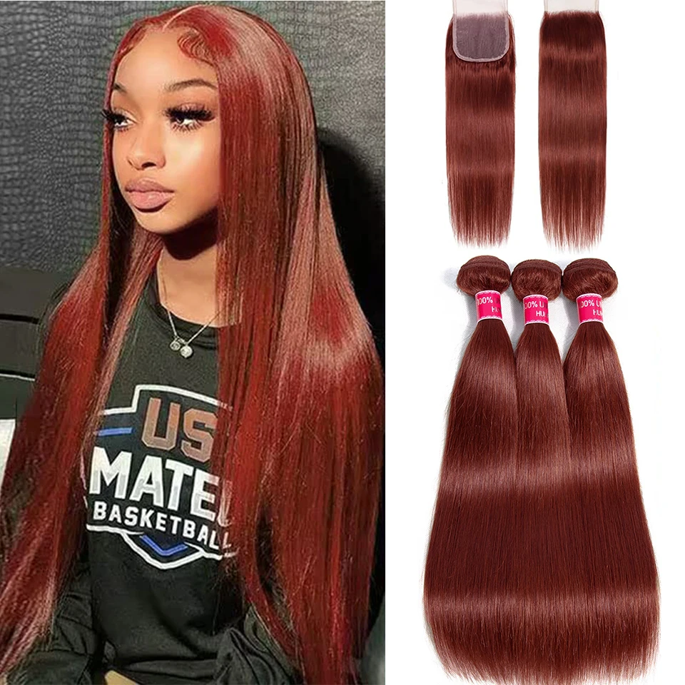 99J ตรงปิดสีน้ําตาลแดงตรงผมมนุษย์ 4x4 ปิด Burgundy Bundles Human Hair