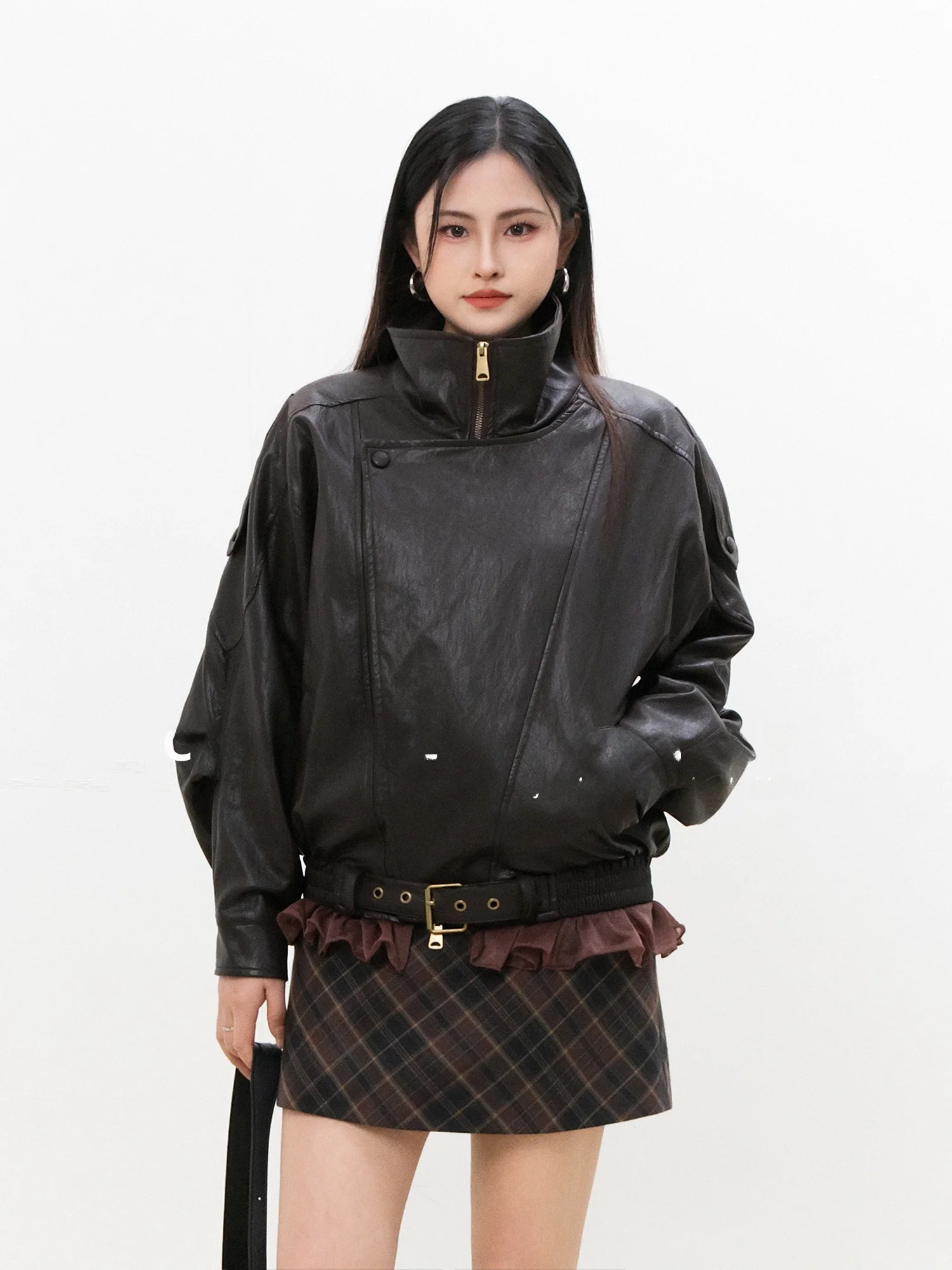 Retro Hong Kong Sle ort Lace Splice Jaet Dames lente herfst ontwerp Sense Stand Collar leren jas Cool en Sli