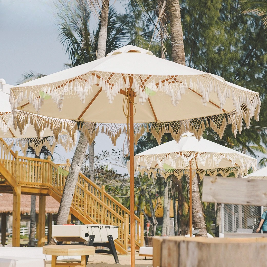 

Beach landscape outdoor umbrella 8 bone aluminum alloy wood grain sunscreen hand-woven mesh Chinese knot tassel sun umbrella