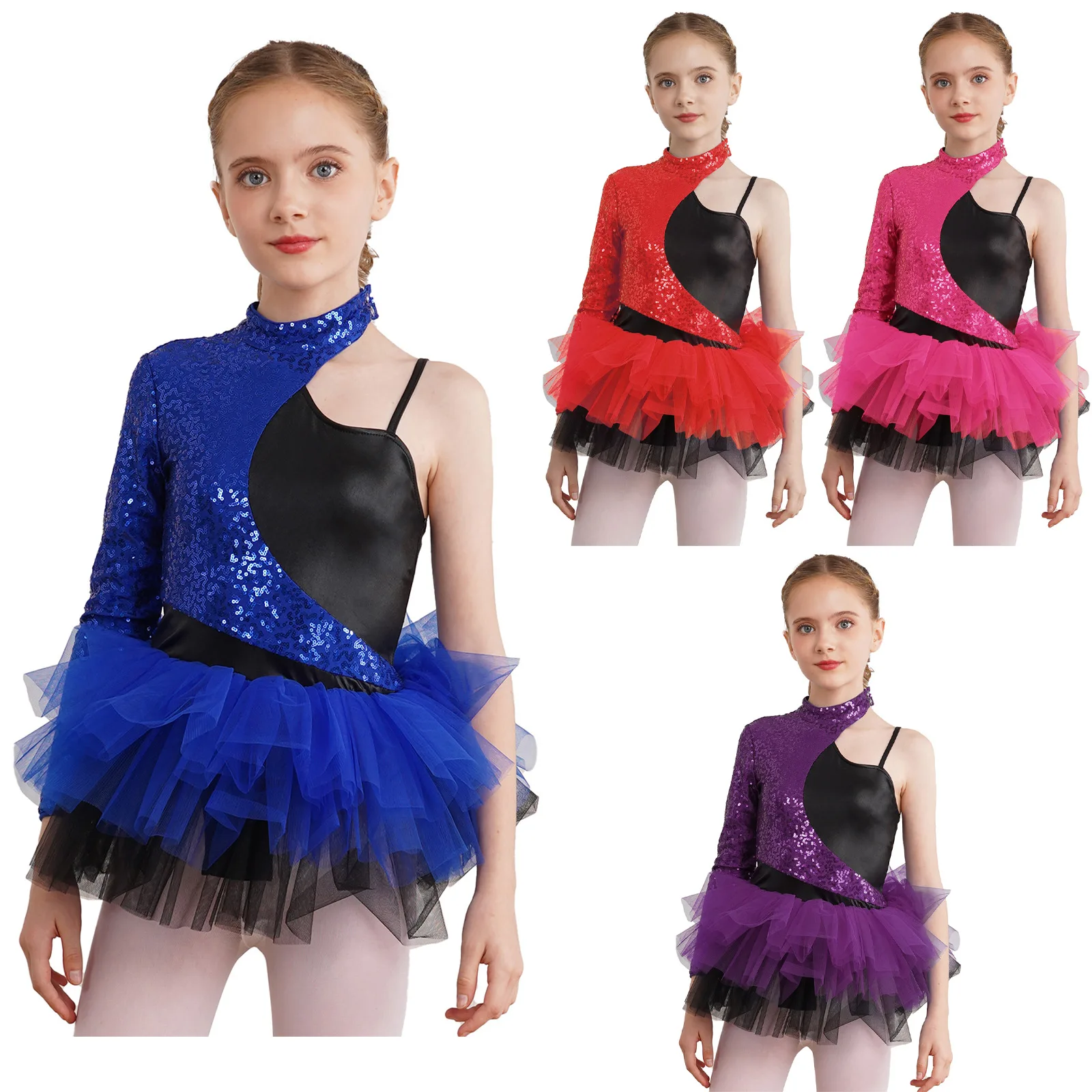 Kids Girls Shiny Sequin Ballet Dance Dress One Shoulder Long Sleeves Tulle Skirted Tutu Moden Latin jazz Leotard Dresses Costume