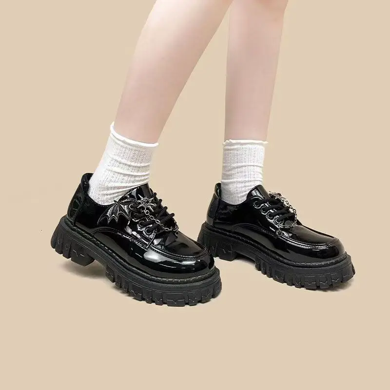 2026 Punk Wind Fashion Single Shoes New Devil Bat Wings Gothic Women's Shoes Thick Bottom Waterproof Platform Metal Chain
