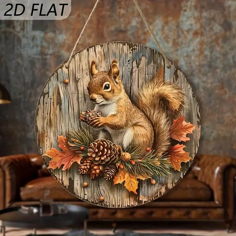2D Flat, 1pc Decorative Art Style Autumn Harvest Squirrel and Maple Leaf Round Wooden Wall Hanging Decoration - 7.87in (20cm) Fa