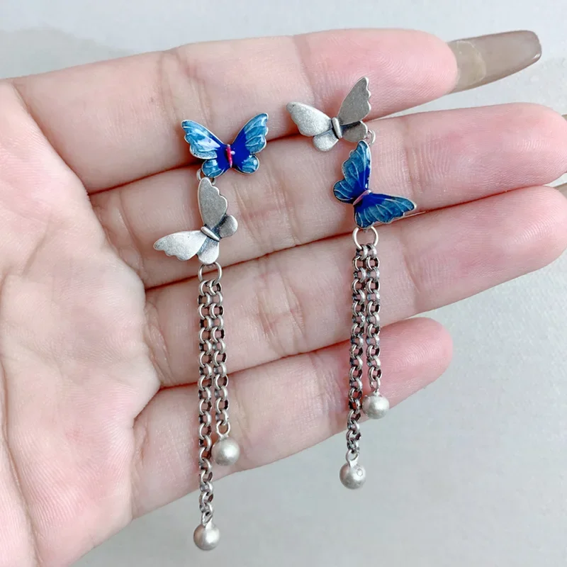 

925 Sterling Silver Enamel Butterfly Tassel earrings Jewelry Ethnic Vintage Insect Long Piercing For Women Girls EH186