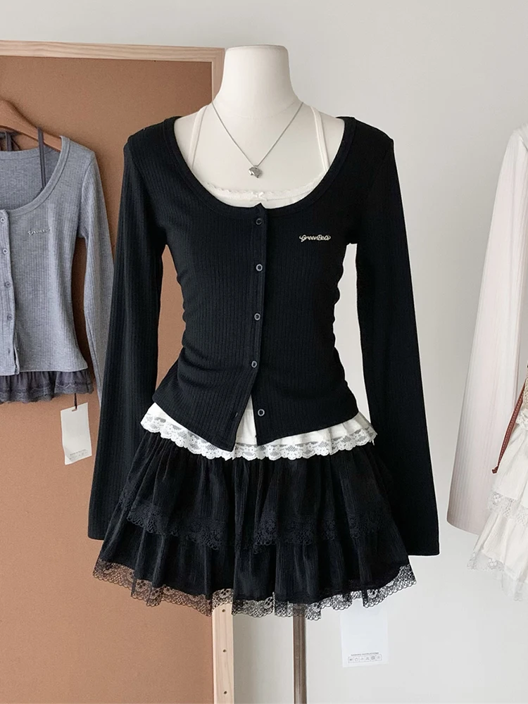 Fall Winter Women Korean 2000s Aesthetic Shoujo Girl Ballet Core Crop Top T-Shirts Gyaru Grunge Long Sleeve Tees Coquette Kpop