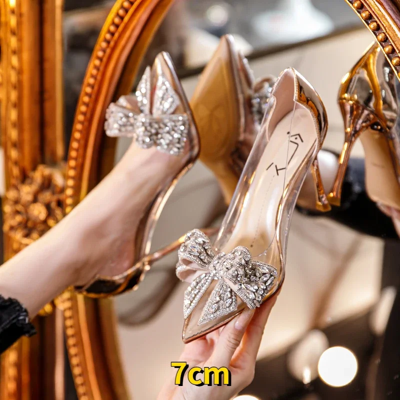 Summer Pointed Crystal Fairy Ladies Wind Sandals Rhinestone Butterfly-knot Transparent High Heel Women Sandals Fashion Shoes