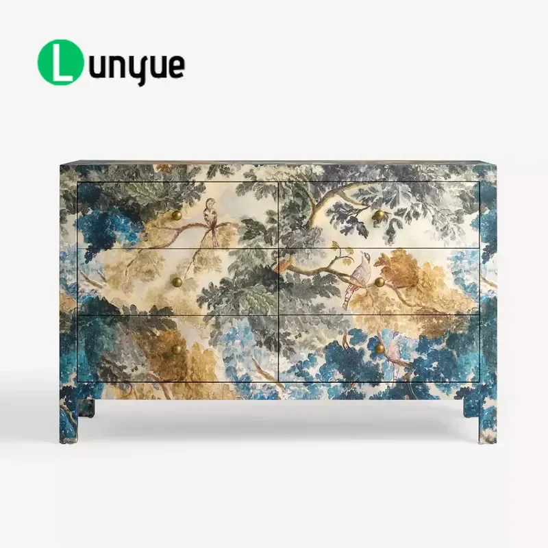 Vintage Forest Flower Bird Pattern 6 Drawer Cabinet Artistic Fabric Finish Storage Organizer for Living Room Home Decor