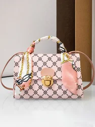 Tote with Scarf Bag Summer PU Leather Printing Shoulder Crossbody Cell Phone Square Bag for Women