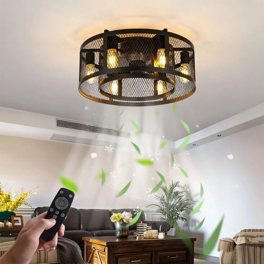 vintage Ceiling Fan Light E26/E27 Ironwork Caged shape Ceiling Fan Lamp Remote 110V/220V Mute  Bedroom Living Room Fans No Bulb