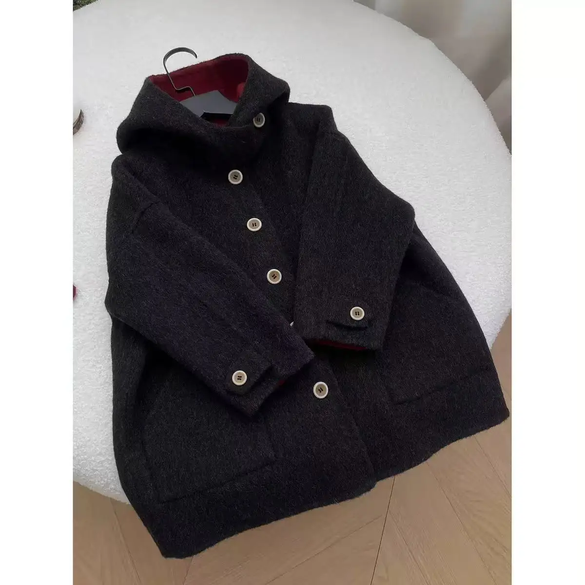 

Autumn and Winter Boys And Girls' High-end Black Double-sided Woolen Coat 20026 New Children's Hooded Thick Silhouette Jacket