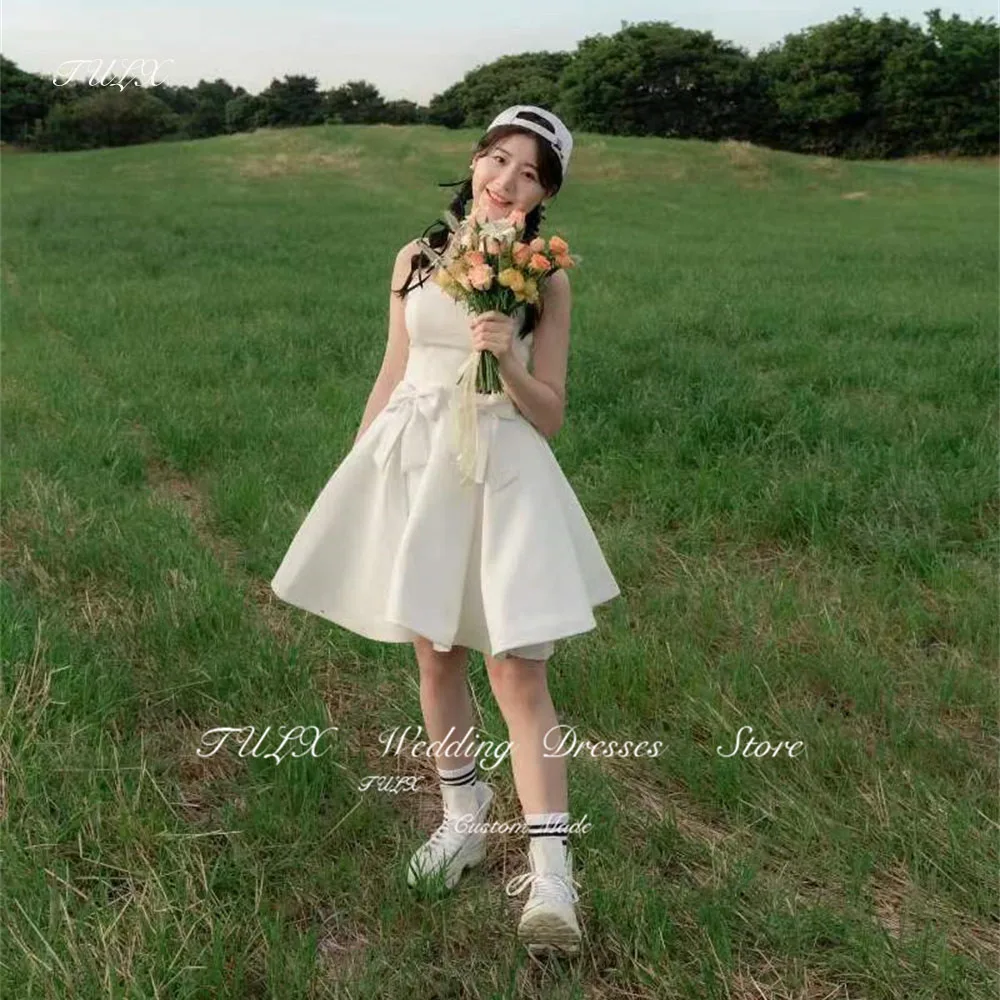 TULX Simple Short Bow Wedding Dresses Korea Photoshoot Sweetheart Ribbon Mini Garden Bride Gowns Corset Back Cute Lovely 2024