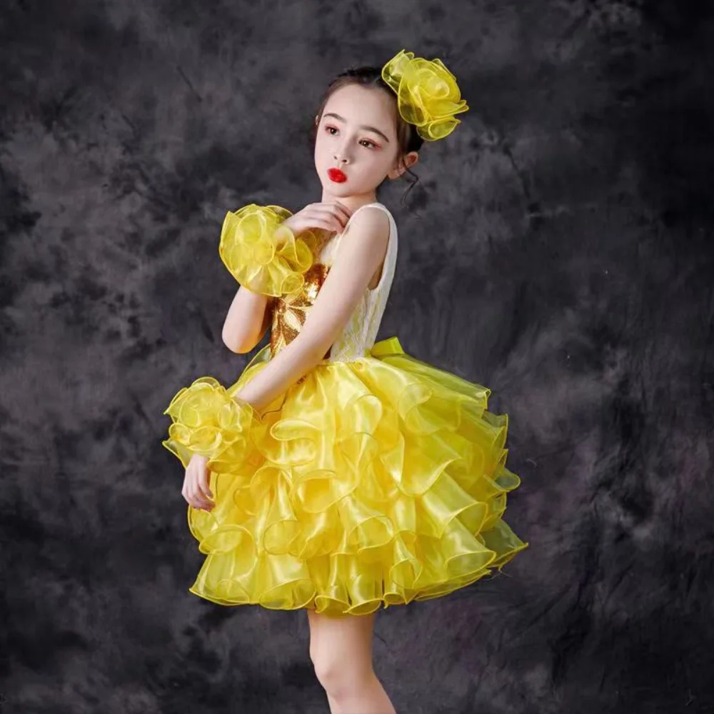 Yellow Red Cupcake Girl\'s Pageant Dresses Birthday Party Gowns Ruffles Organza Short Puffy Flower Little Girls Roal Blue Dress