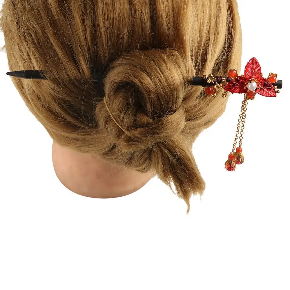 Vintage Retro Red Hair Stick Fashion Handmade Red Rose Fringe Hairpin Multi-purpose Ancient Style Chinese Hairpin Headwear Girls