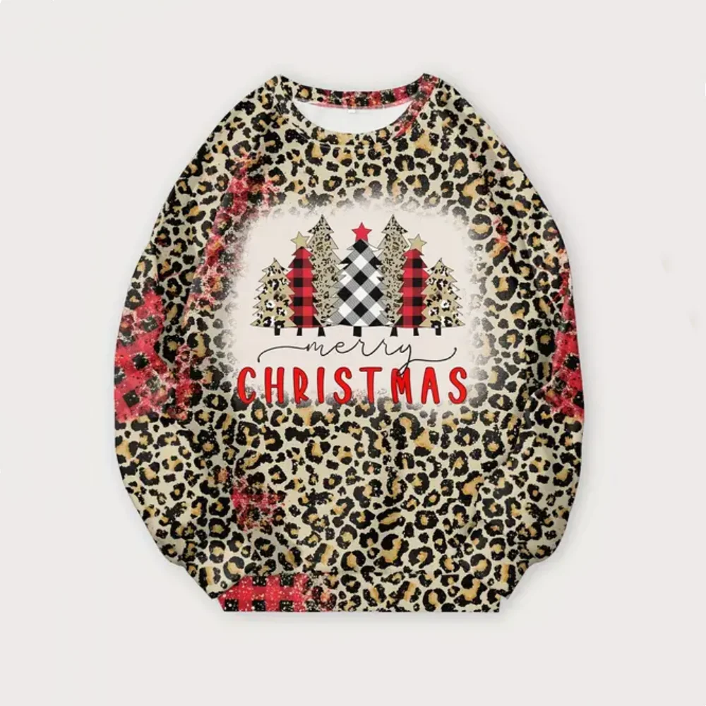 Moda leopardo roupas femininas outono em torno do pescoço manga comprida 3d árvore de natal festa com capuz roupas esportivas casuais plus size topo