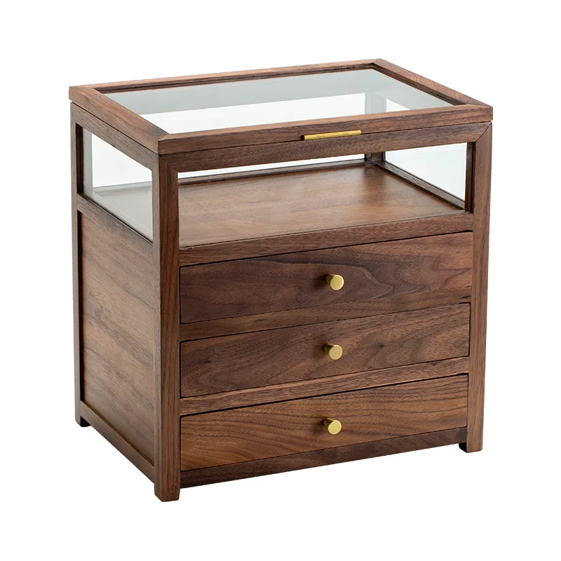 Walnut Tea Set Display Storage Box New Chinese Solid Wood Dust Cabinet Transparent Glass Display Storage Cabinet