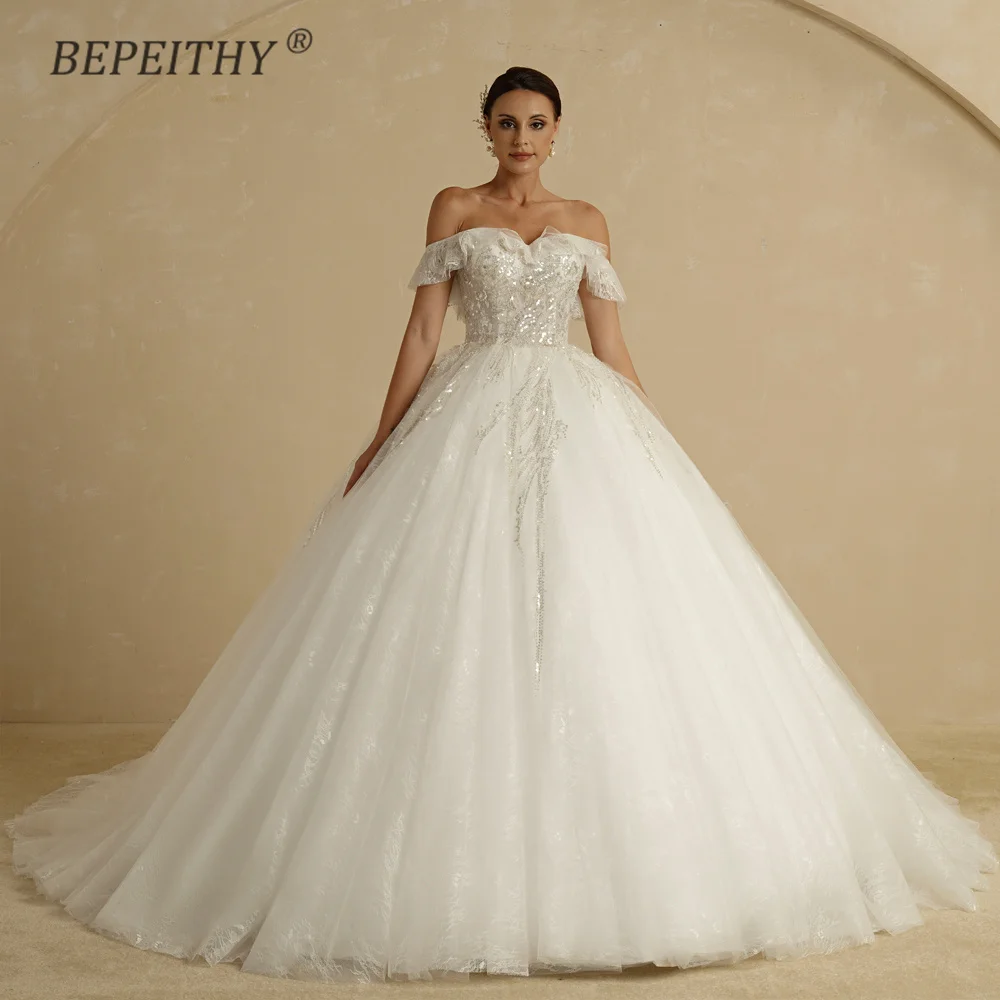 BEPEITHY Customized Ivory Lace Wedding Dresses For Women Ruffles Off The Shoulder Court Train Girl Ball Bridal Gown 2022 Vinatge