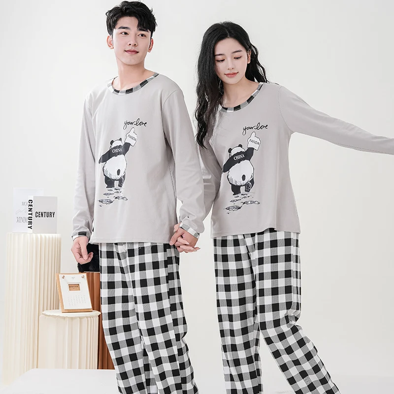 Pajamas For Couples Spring Autumn Animal Panda Comfortable Lady\'s Long Sleeve Cotton Leisure Home Clothes And Nightwear Suit 4XL