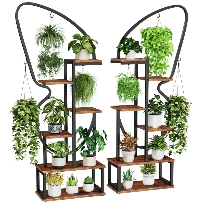 

6 Tier Metal Plant Stand Indoor Butterfly-Shaped with 6 Hooks & 12 Boards, Large Ladder Plant Shelf with Adjustable Feet