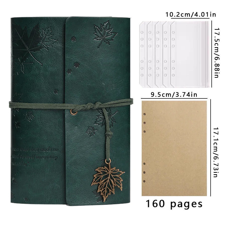 Retro-Ledereinband, nostalgisches Notizbuch mit gefallenen Blättern und Spiralringen für lose Blätter | Reisetagebuch | Handkontobuch im Waldstil – Detail 13