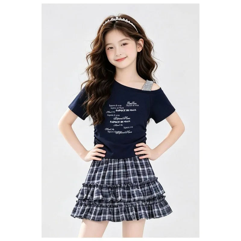 Girls Summer 2-Piece Set Korean Style Off Shoulder T-Shirt Skirt Sweet Fashion Top Outfit Trendy Kids Clothes