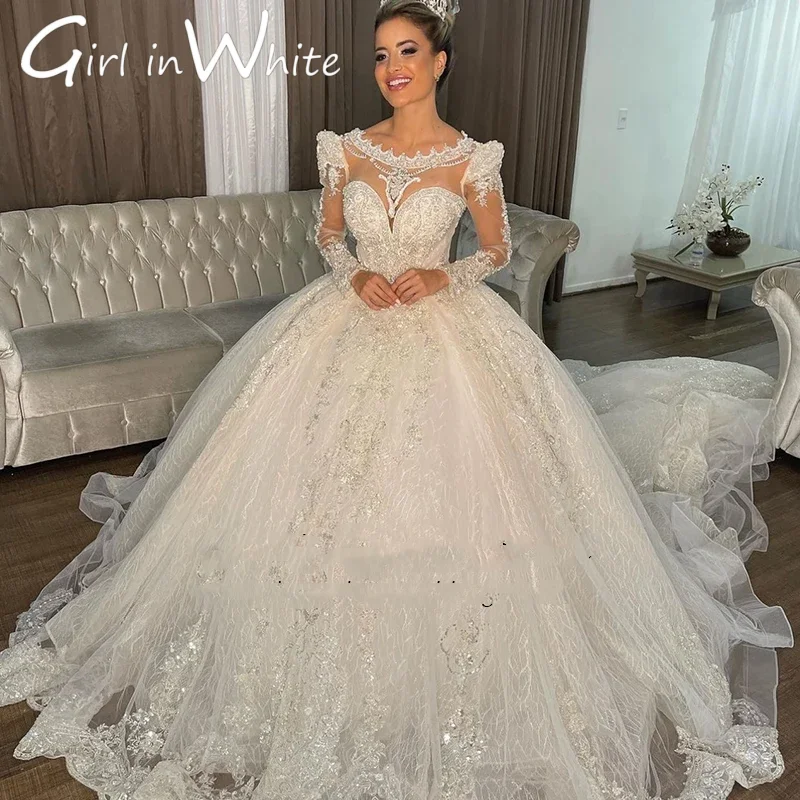 Klassisches rückenfreies Brautkleid mit O-Ausschnitt und langen Ärmeln, Applikation, Prinzessin, A-Linie, individueller Aufkleber, herzförmiges Strand-Brautkleid