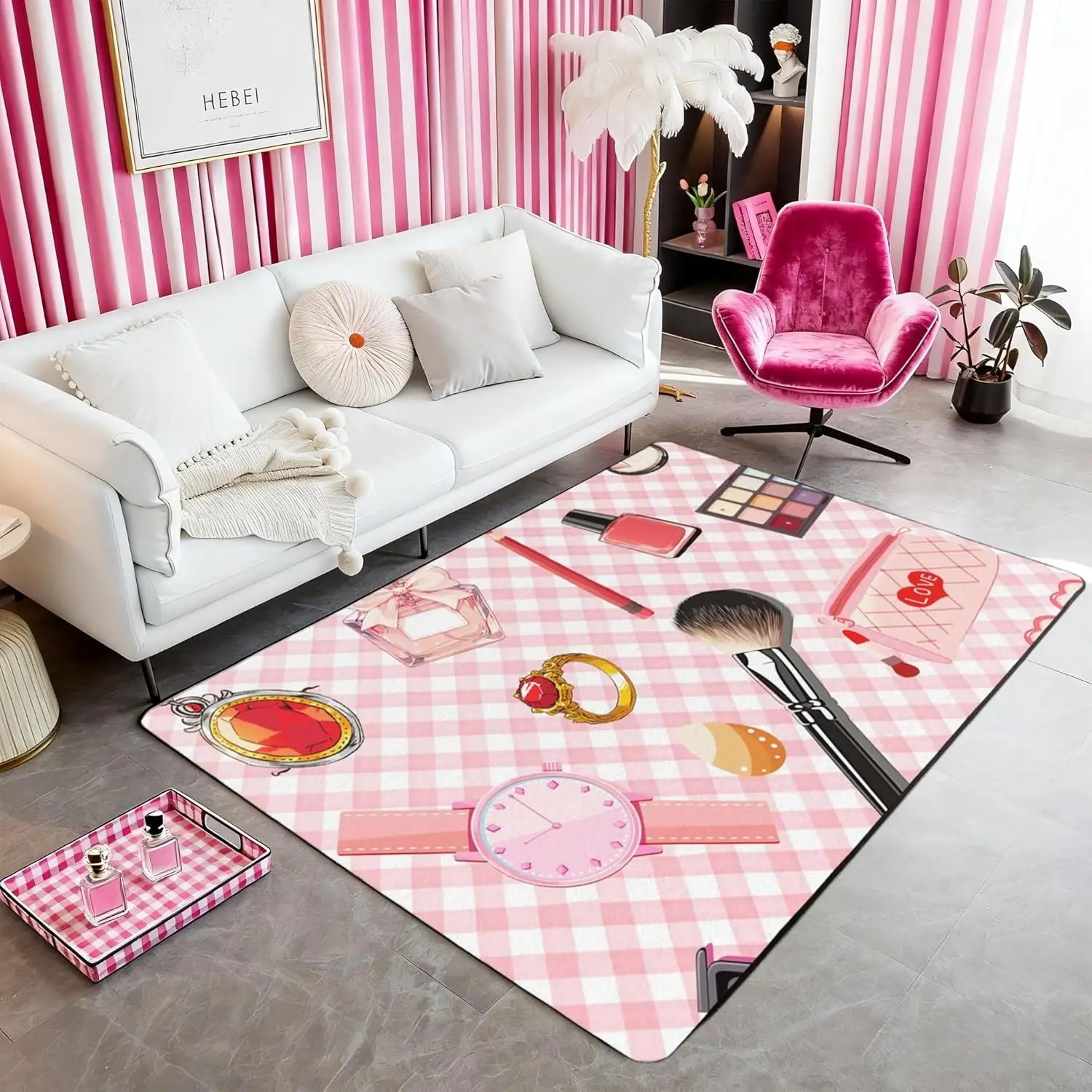 

Cosmetics Theme Cartoon Lipstick Eye Shadow Ring Living Room Rugs for Adult,Pink White Geometric Stripe Grid Non Slip Washable