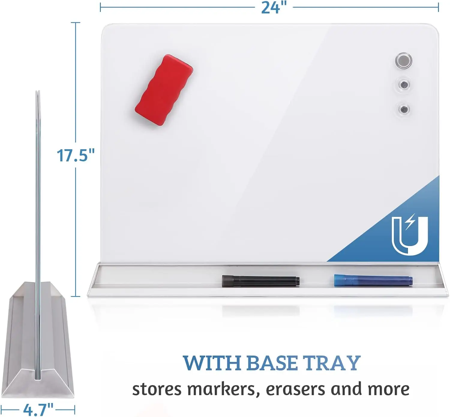 Innovart-自立型ガラスデスクトップ、磁気乾式消去ボード、両面ホワイトボード、デスクトップパネル、23 "x 17"